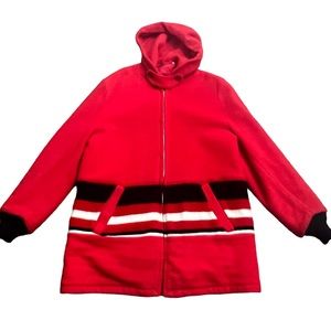 Vintage 1950’s Wool Blanket Coat With Hood, Red, Talon Zipper, Blanket Coat S/M